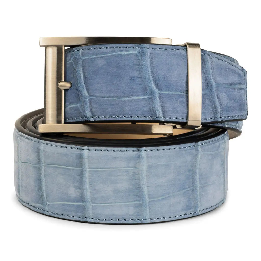 SKY BLUE SUEDE ALLIGATOR BELT