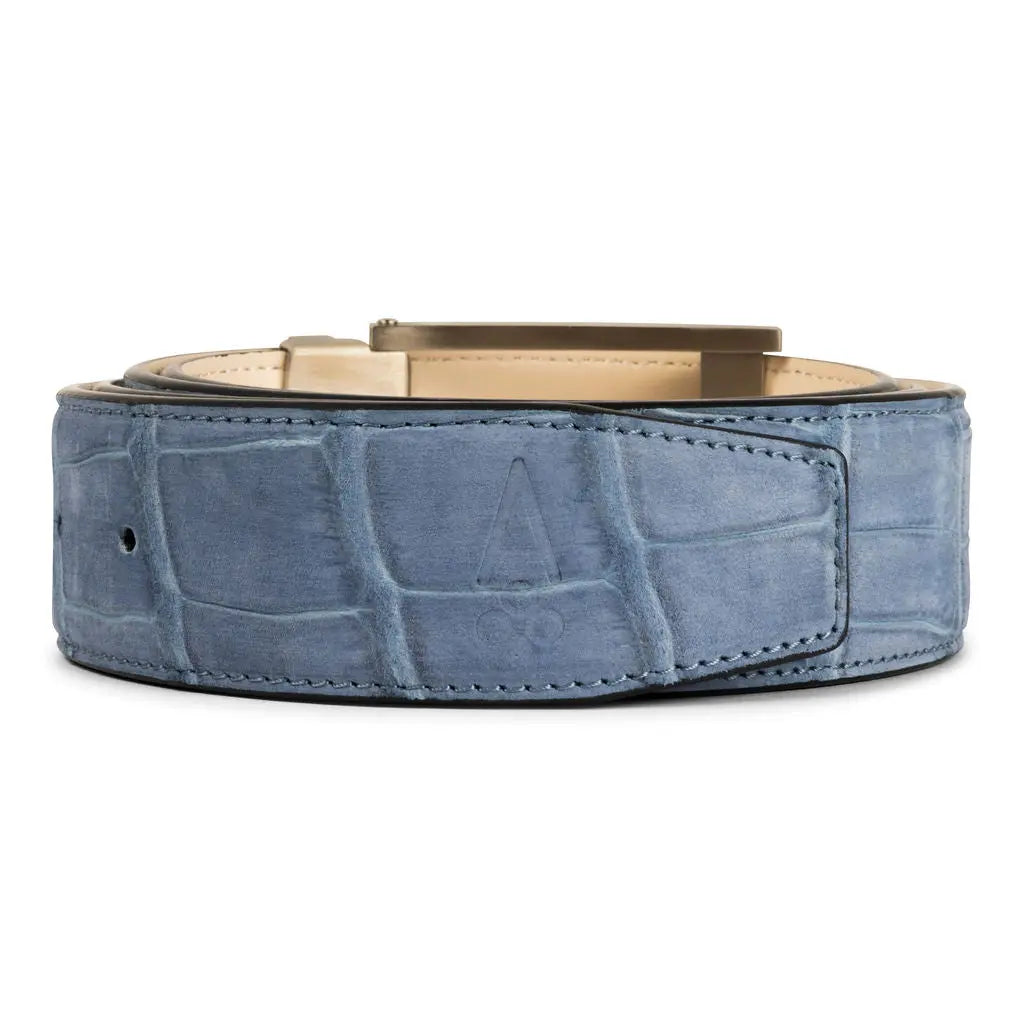 SKY BLUE SUEDE ALLIGATOR BELT