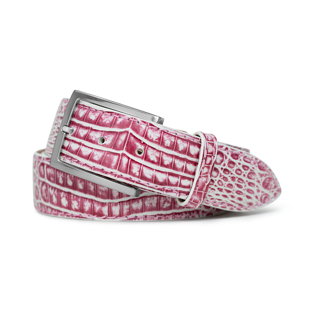 PINK & WHITE HAND-PAINTED ARGENTINE CAIMAN ALLIGATOR BELT | USA