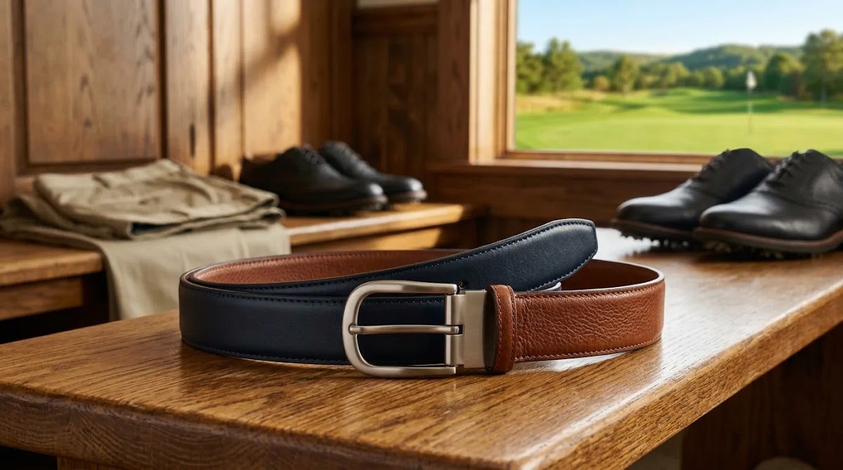 Reversible golf belt with dark and brown leather sides for coordinating golf outfits