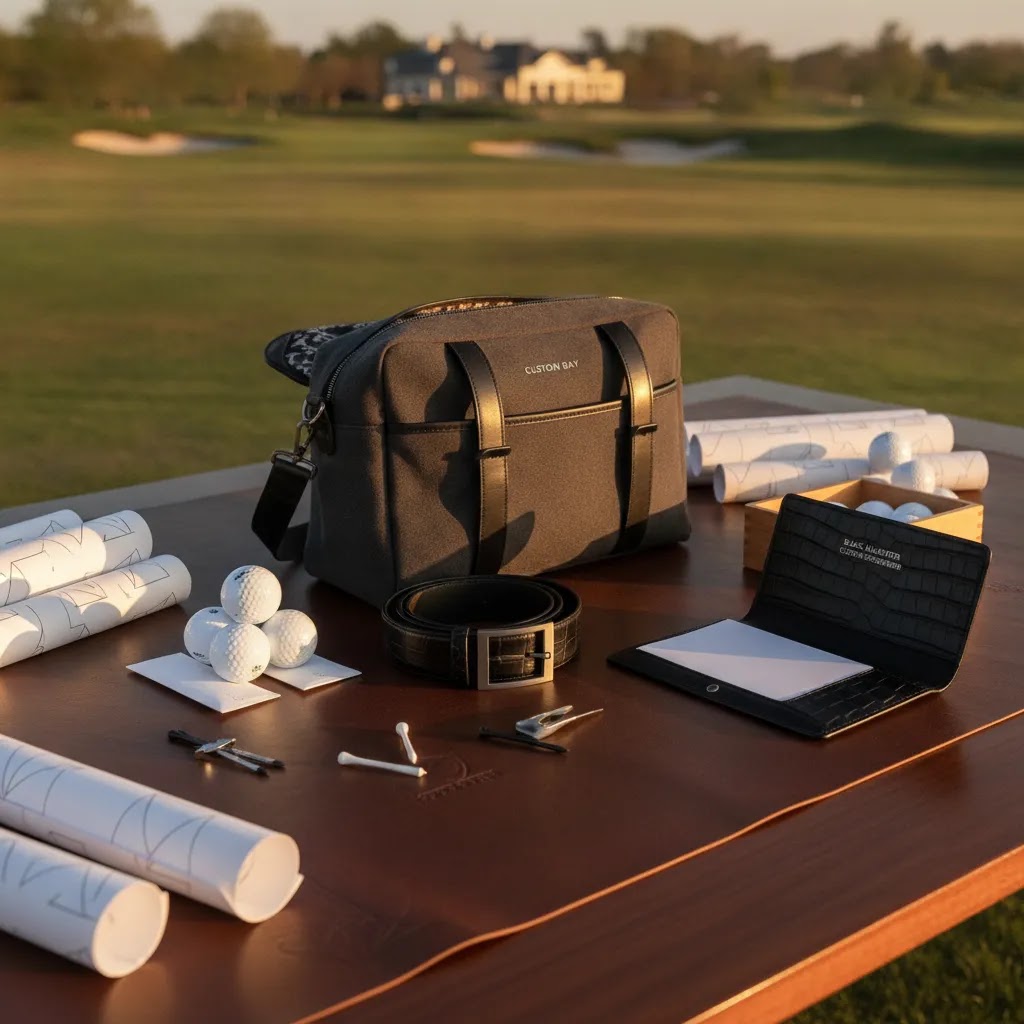 Custom golf accessories bulk display for a premium corporate golf event with luxury leather gear