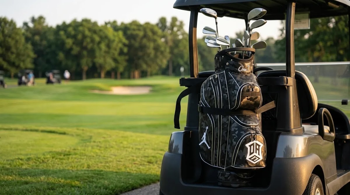 Premium leather golf bags shown with a custom leather cart bag on a golf course