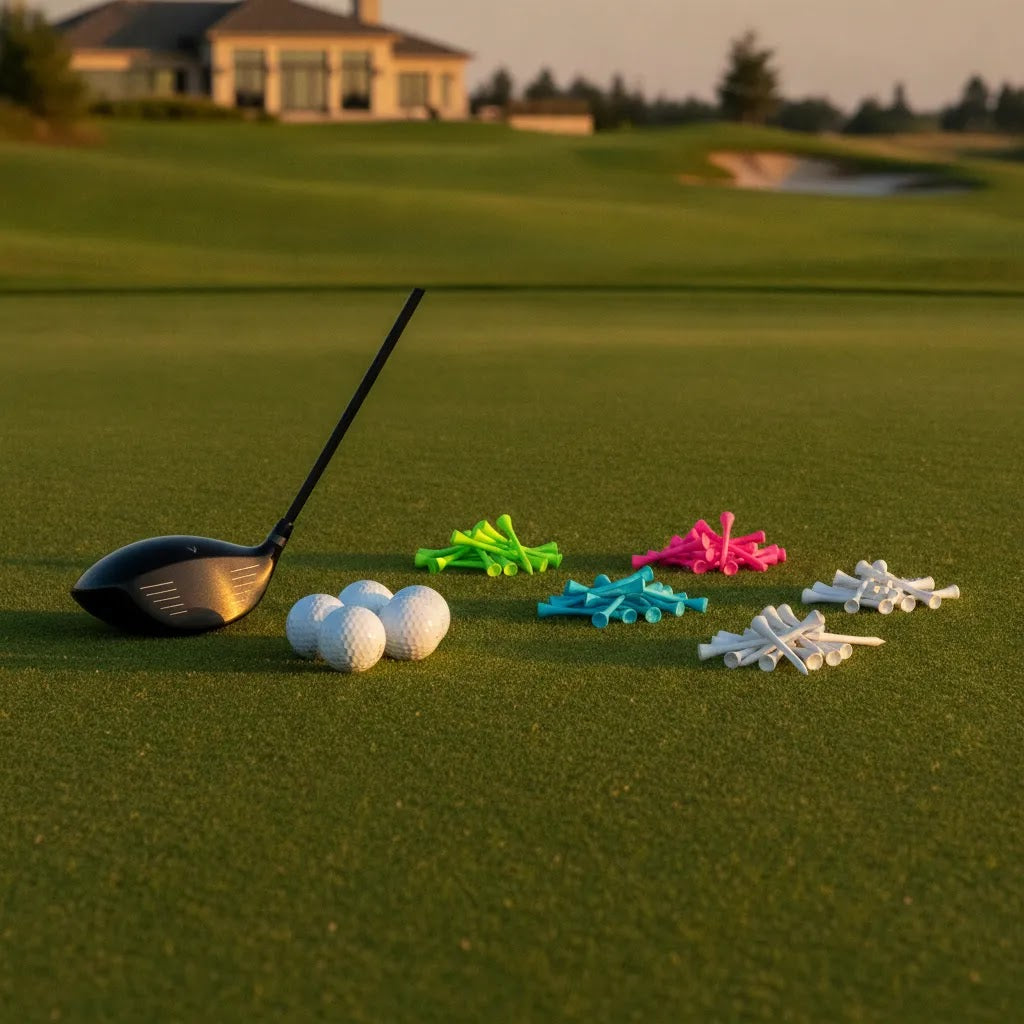 Golf tees guide hero image showing colorful golf tees and golf balls on a premium tee box