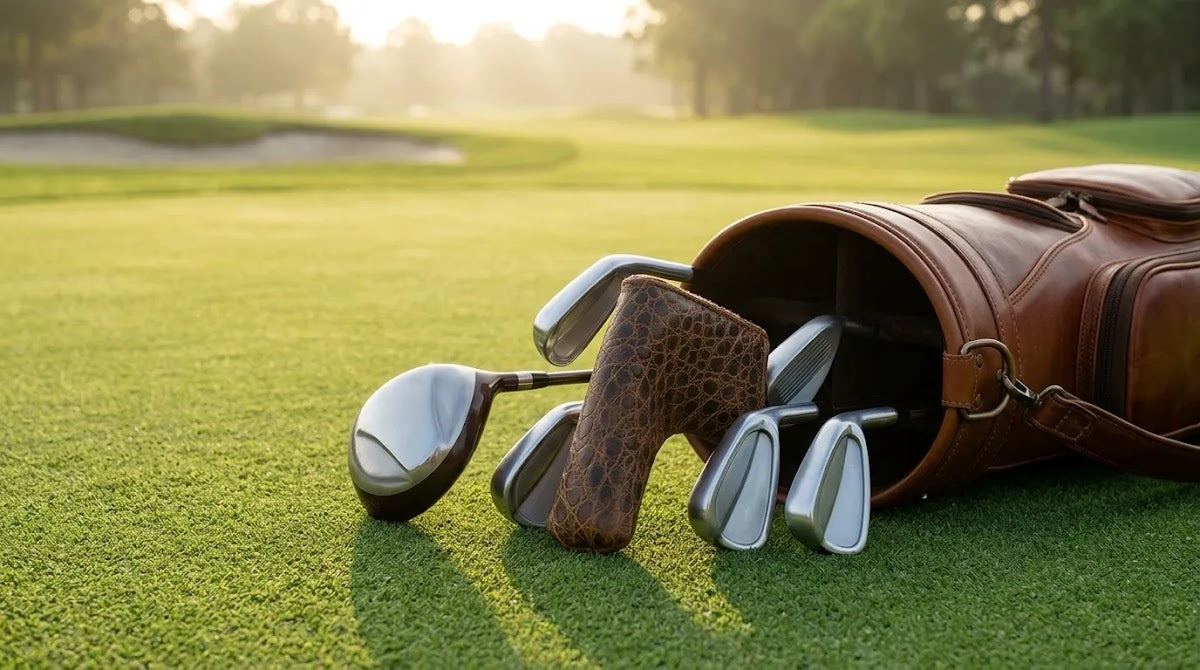 Putter cover vs headcover comparison showing a premium leather putter cover protecting a putter in a golf bag.