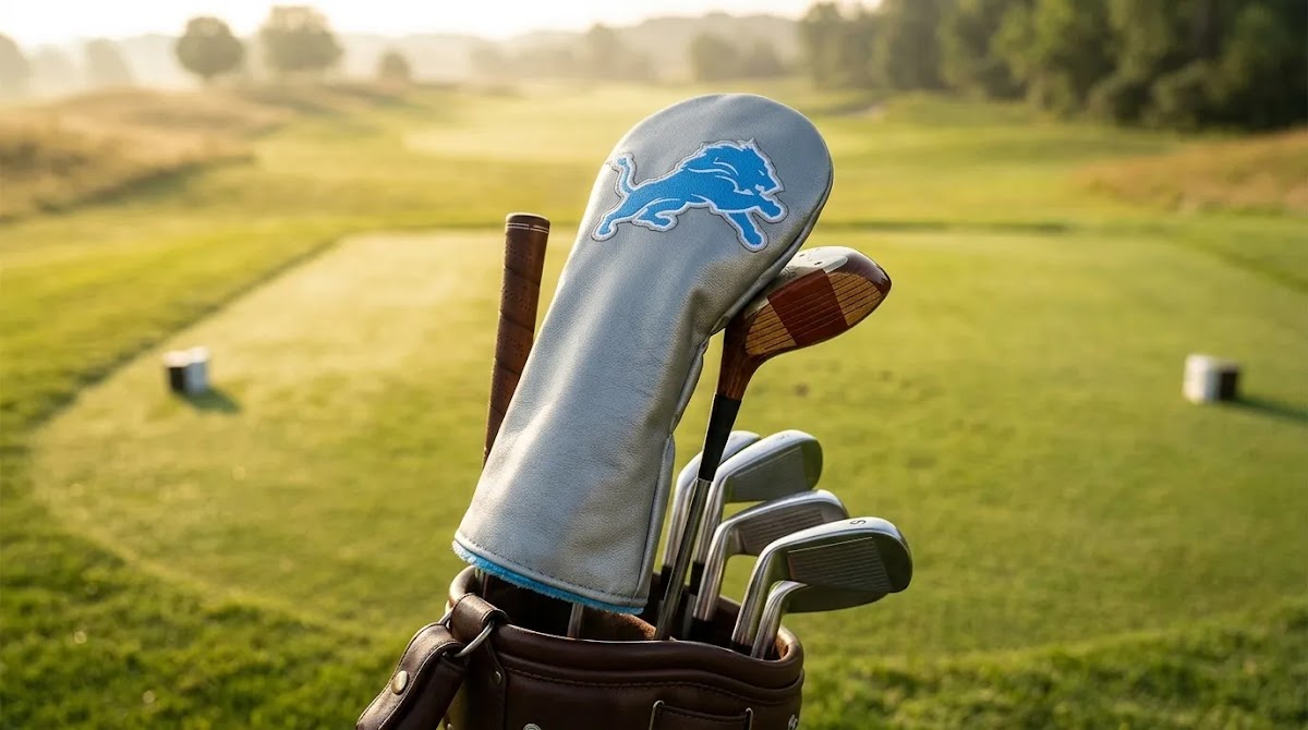 Custom animal golf headcovers showcased with a premium silver leather driver cover on a golf course.
