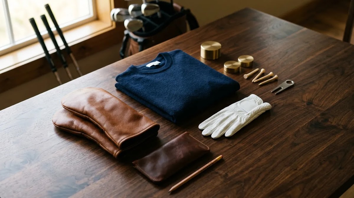 Shop luxury golf accessories with a refined premium golf setup in warm clubhouse lighting
