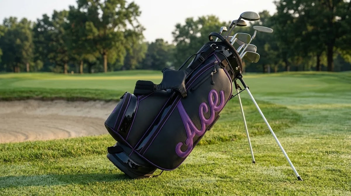 White golf bag with a premium clean aesthetic displayed on a sunlit golf course