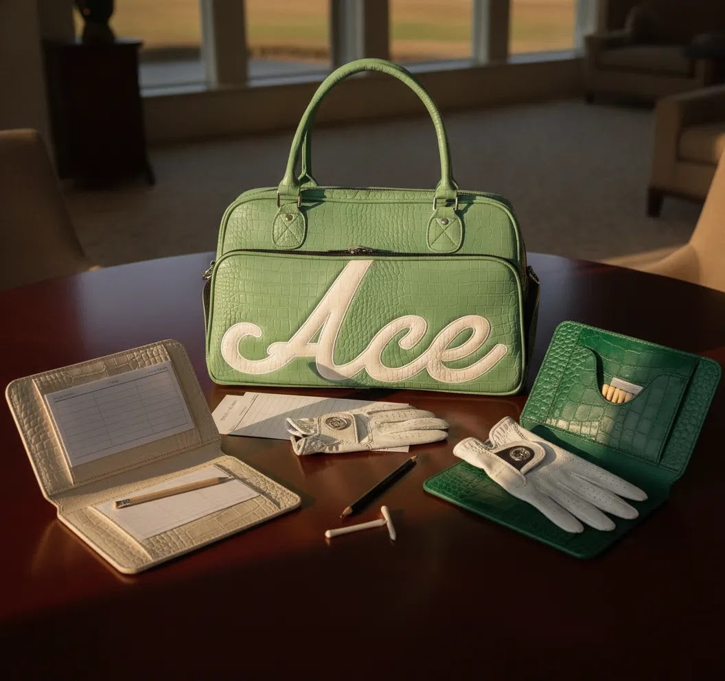 Personalized golf accessories for women styled as a luxury gift guide with a custom day bag and leather scorecard holders