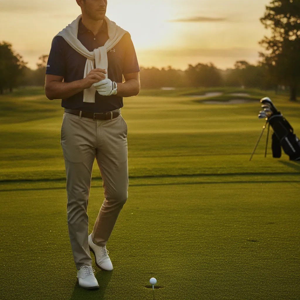 Best golf accessories editorial hero image showing a premium on-course scene with an elevated men's golf atmosphere