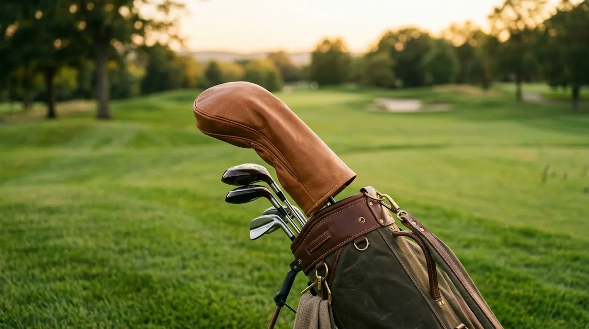 Custom driver cover displayed on a premium golf bag in warm natural course lighting