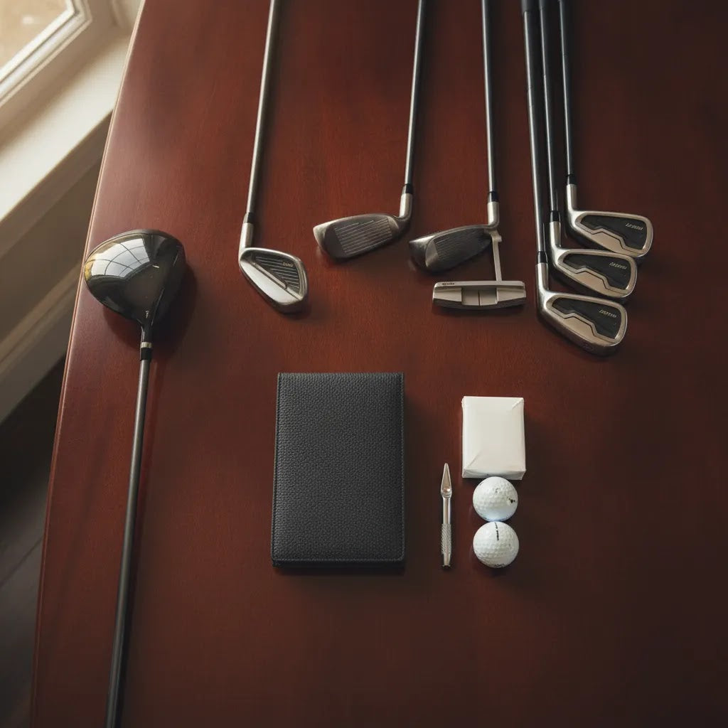 Luxury buyer guide hero image illustrating custom golf clubs cost with premium golf equipment and a leather scorecard holder