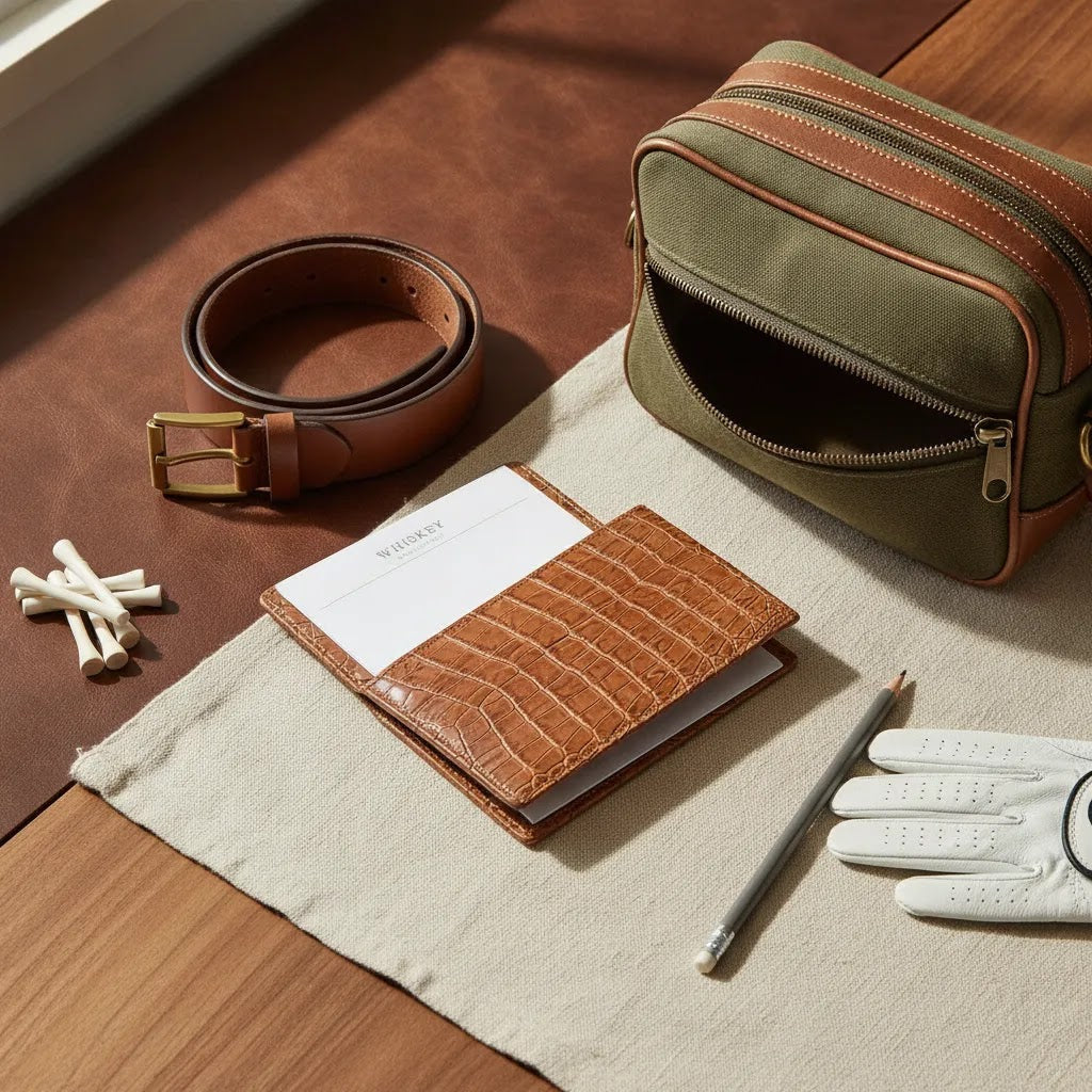Luxury golf accessory gift guide hero image featuring premium leather golf gifts arranged in a refined editorial flat lay
