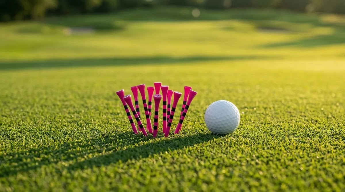 Funny golf accessories featuring bright hot pink tees at a sunny first tee