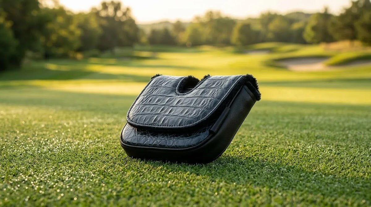 Black oversized mallet putter cover in textured leather on a putting green