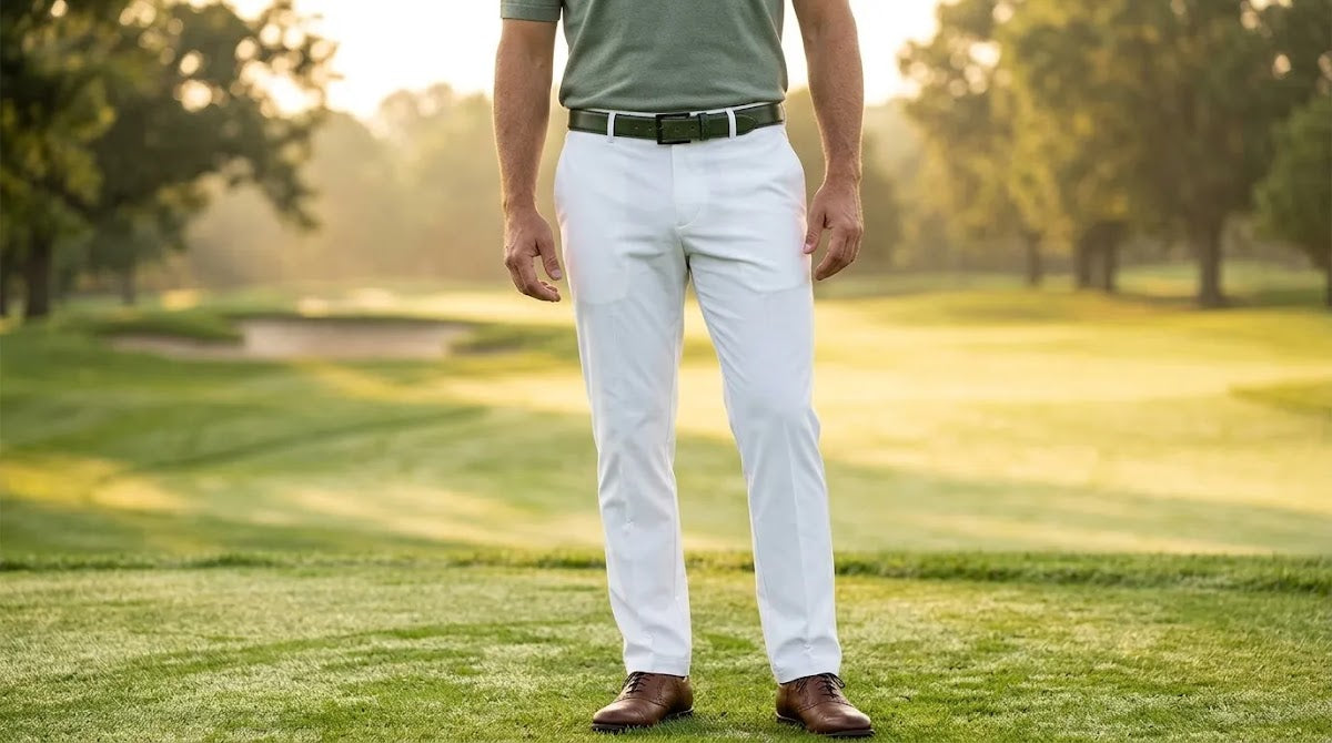Exotic leather golf belts styled with tailored white golf trousers on a premium course