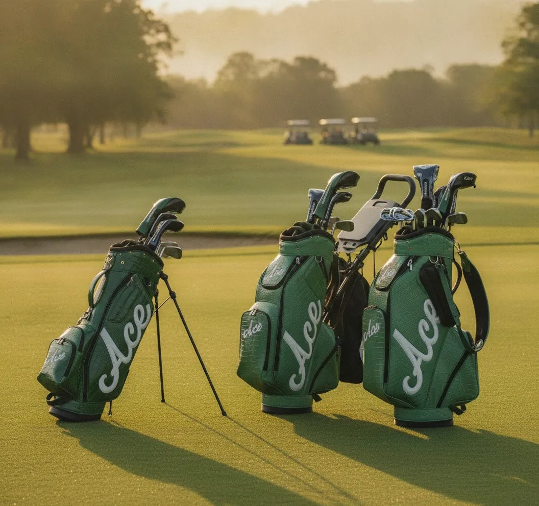 Golf bag guide hero image comparing premium stand, cart, and tour staff golf bags on a course