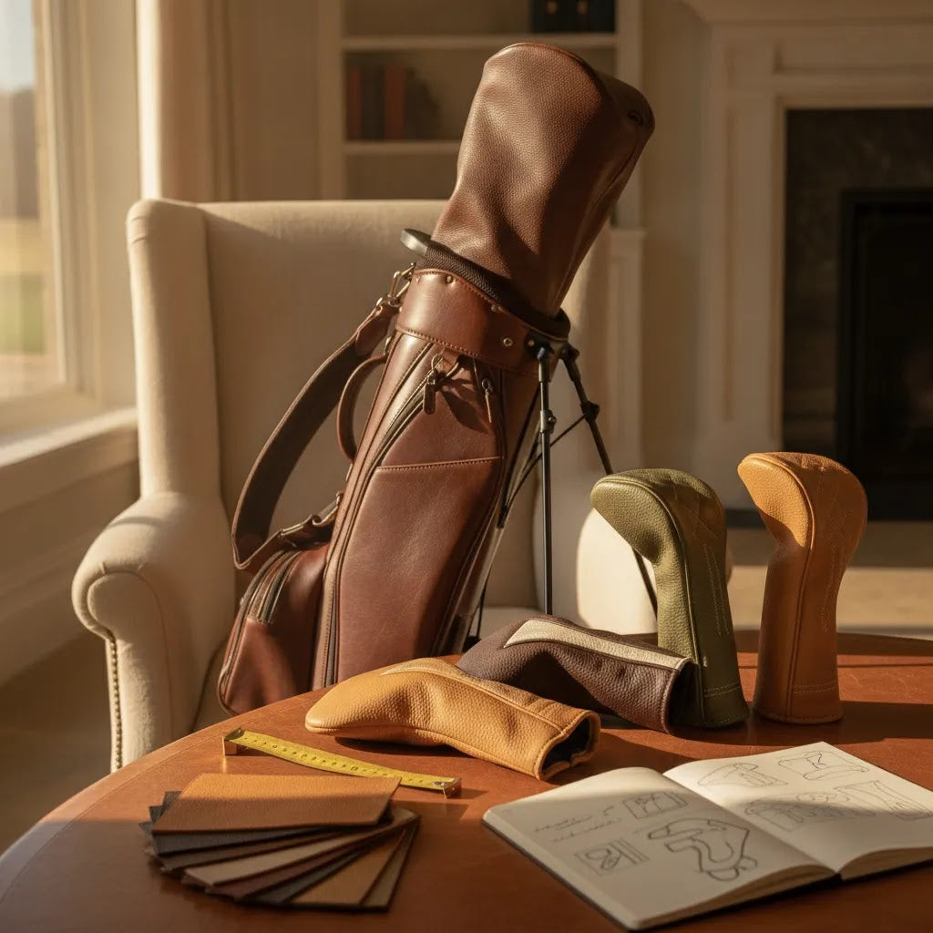 Luxury editorial scene for shoppers researching where to shop bespoke golf headcovers with leather materials and custom golf accessories