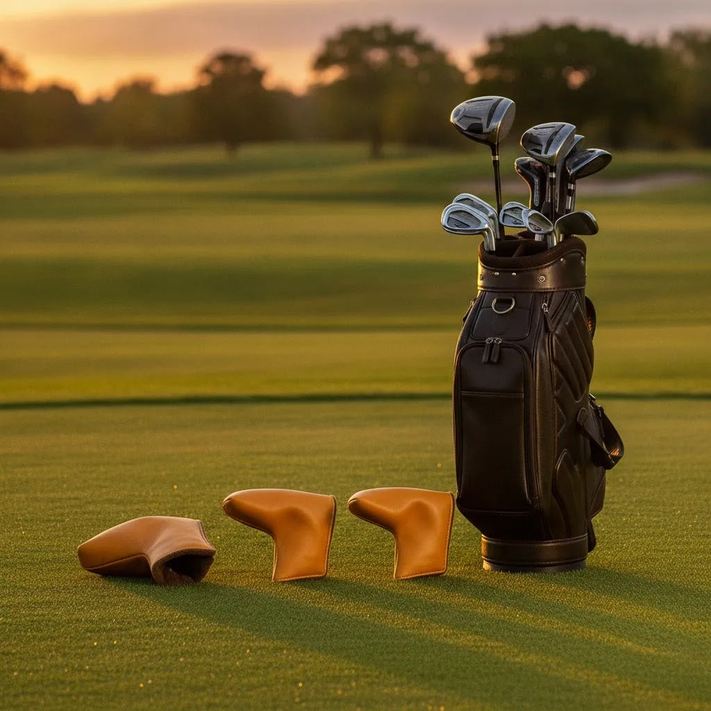 Golf headcover sets featuring matching driver fairway and hybrid leather headcovers beside a golf bag