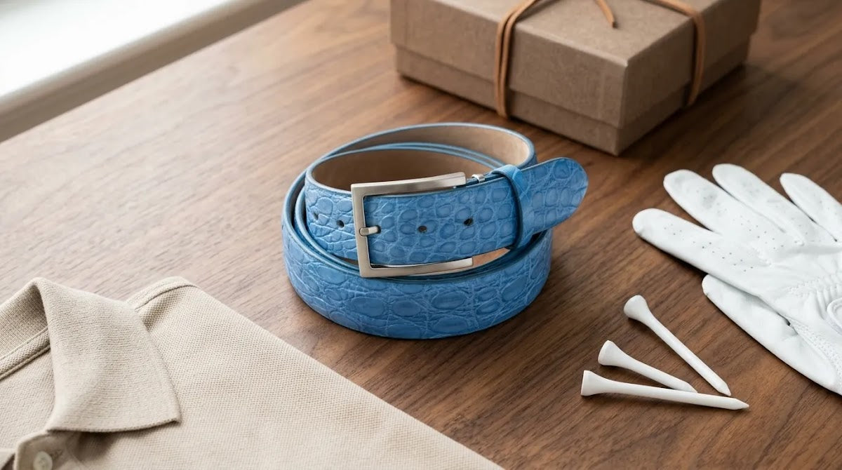 Premium golf belt gift set featuring an azure textured leather belt in an elegant gift presentation.