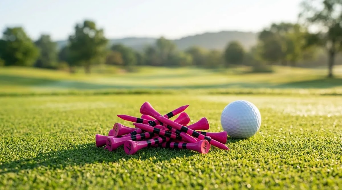 Women’s golf accessories featuring hot pink golf tees on a sunlit tee box