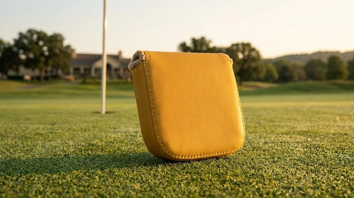 Funny putter covers feature a premium honey leather mallet headcover on a sunlit putting green.