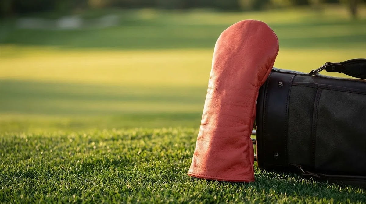 Buy golf headcovers online with a premium ruby leather driver cover on an unbranded golf bag.