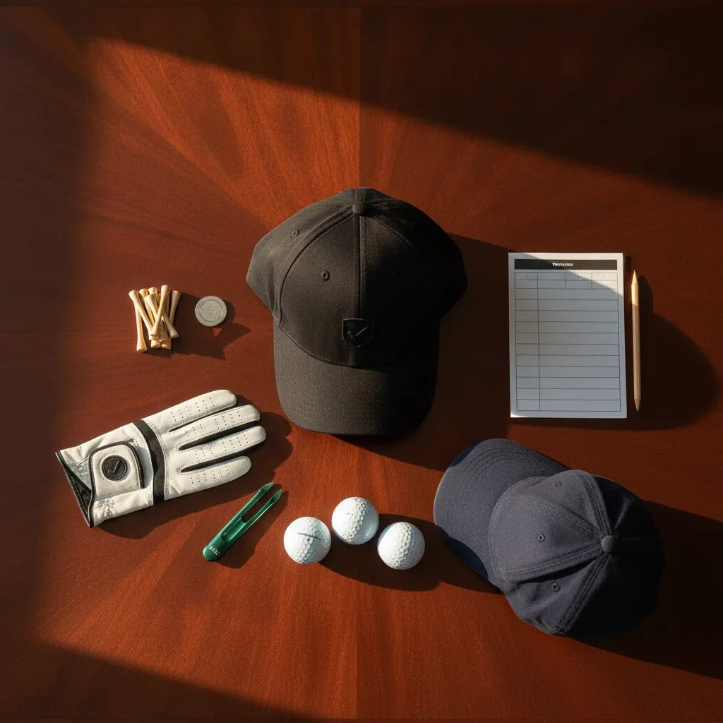 Golf accessories under 50 arranged in a premium flat lay with practical budget-friendly golf gear and a black performance hat