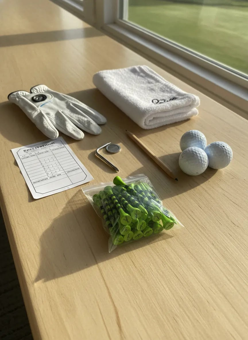 Golf accessories for beginners starter kit with essential bag items and lime golf tees arranged in a clean premium flat lay