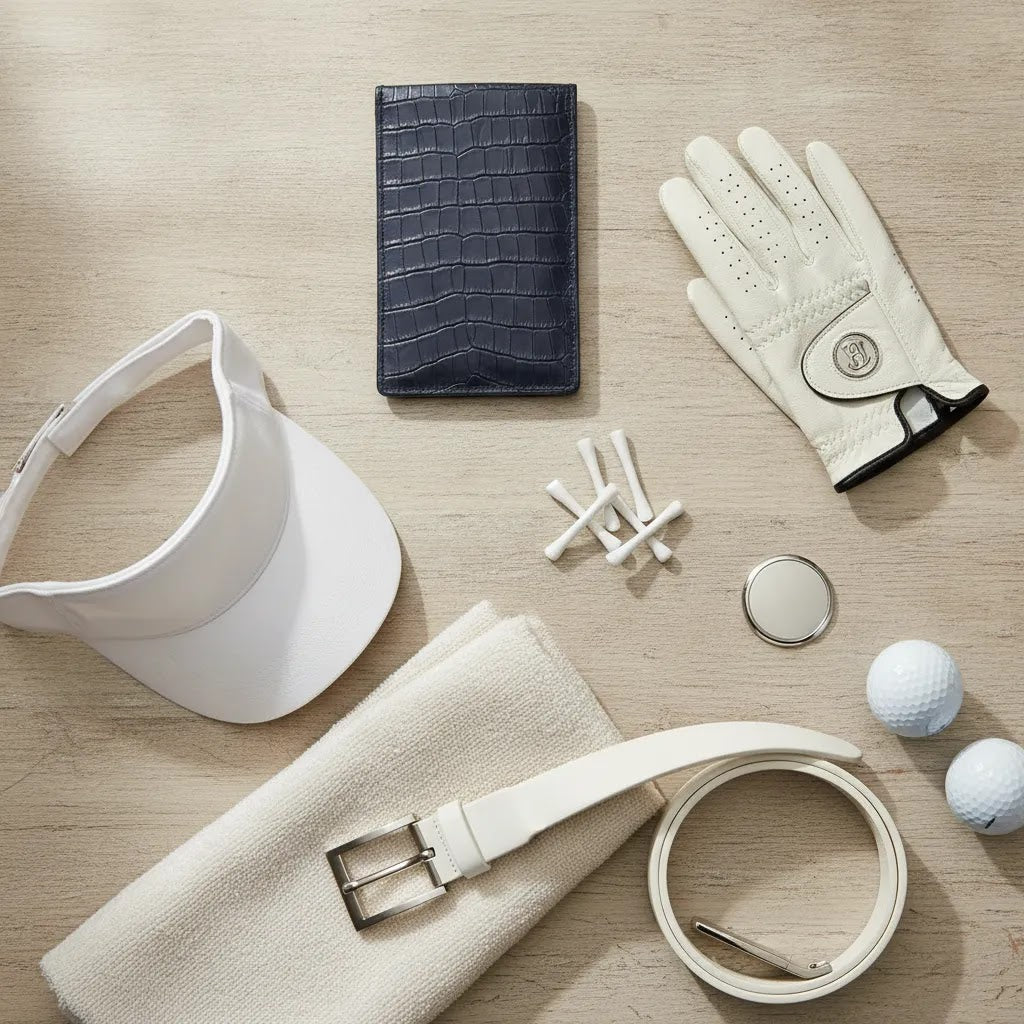 Premium flat lay of golf accessories for women featuring a navy leather scorecard holder and stylish everyday essentials