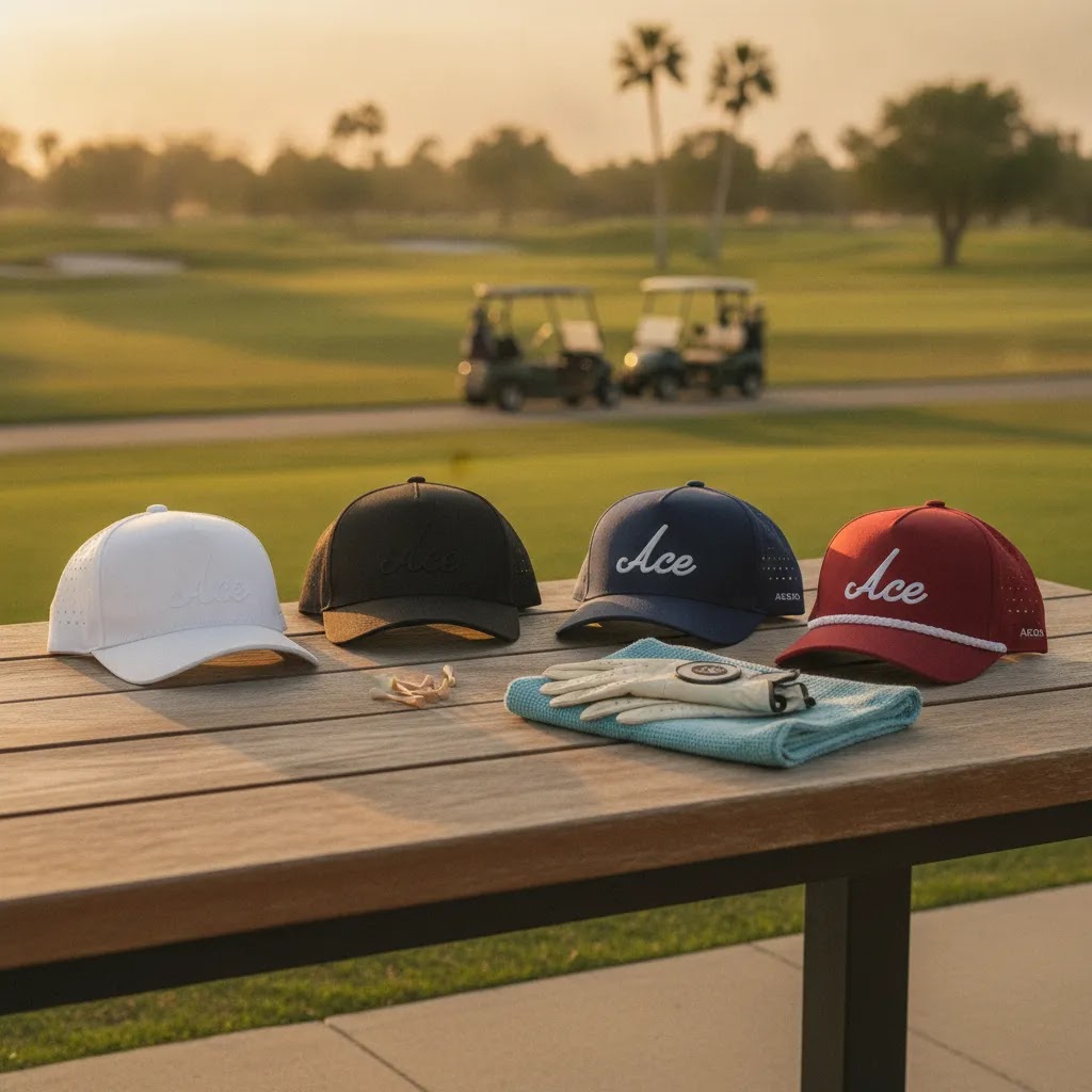 Premium editorial golf hats comparison featuring performance caps and rope hats on a golf course