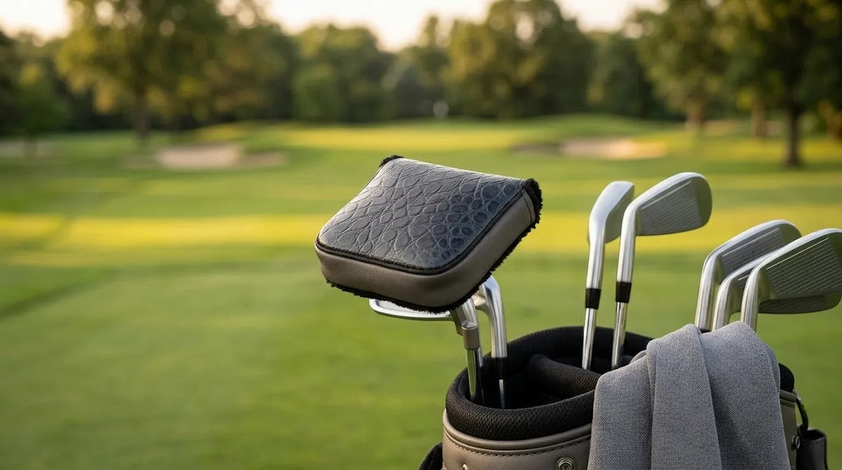 Personalized golf club covers planning scene with a premium black mallet putter headcover in a golf bag