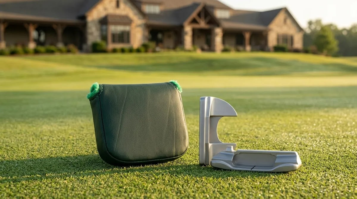 Personalized putter cover in premium emerald leather styled beside a mallet putter on a putting green