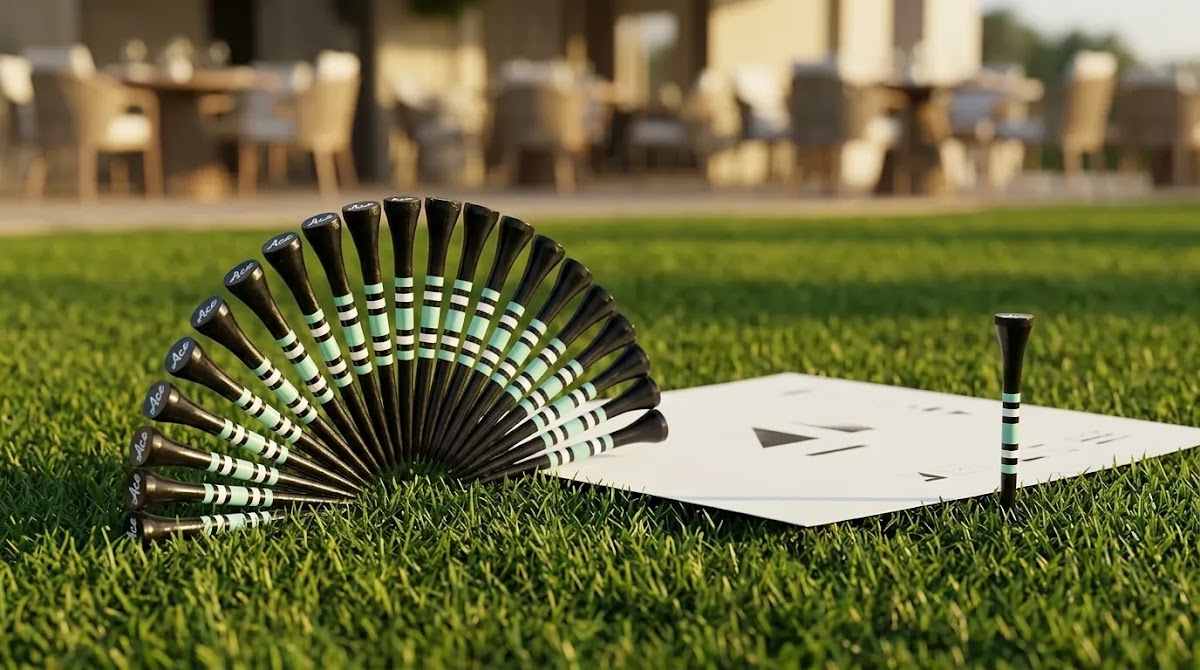 Custom golf tees arranged on a premium putting green for event planning