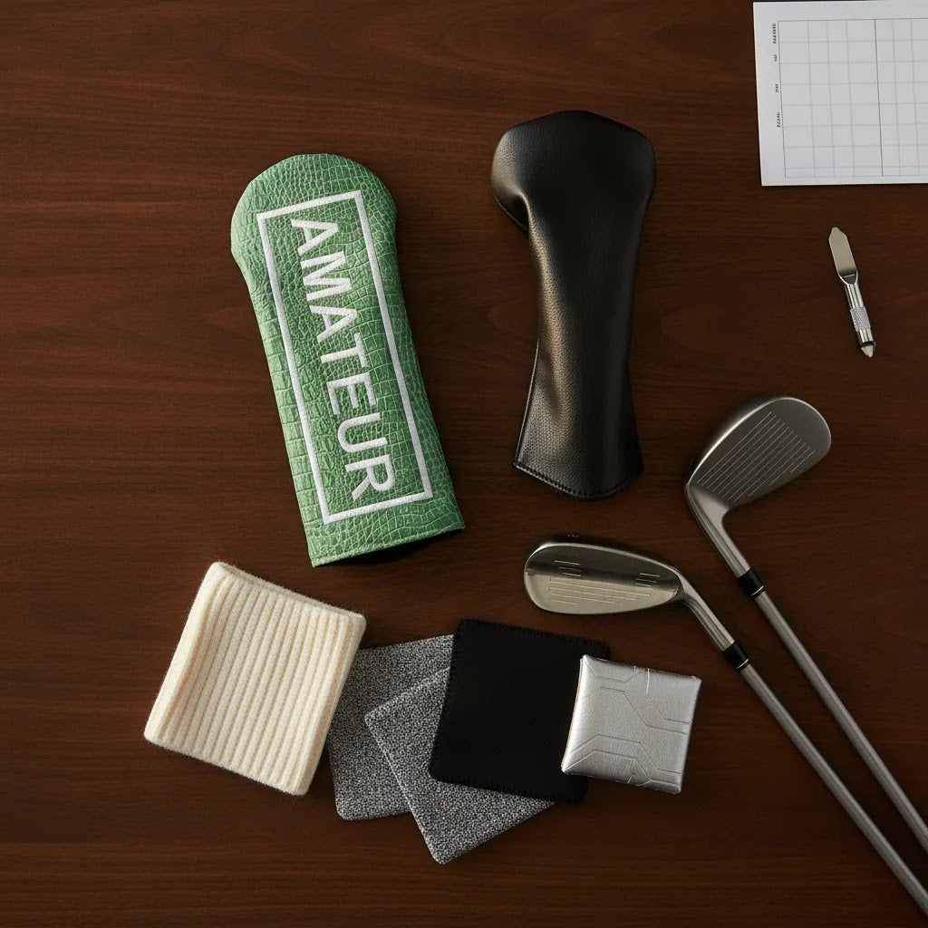 Golf headcover materials comparison featuring premium leather headcovers alongside knit neoprene wool and synthetic samples