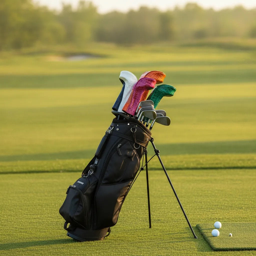 Colorful golf headcovers displayed on a premium golf bag for maximum visibility on the course