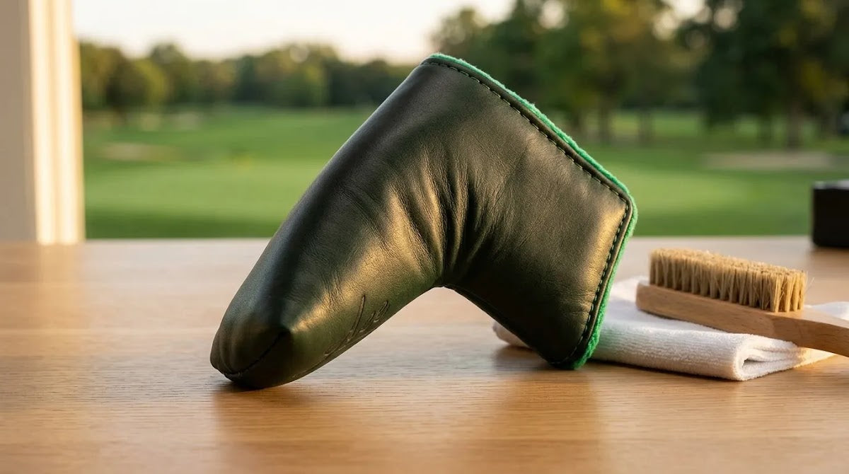 Golf headcover care for a leather putter headcover with a soft brush and microfiber cloth