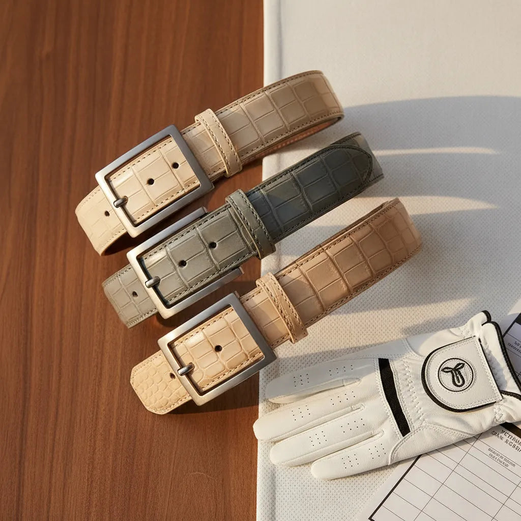 Alligator golf belt for sale featuring ivory, glacier, and Himalayan genuine leather golf belts in a premium editorial layout