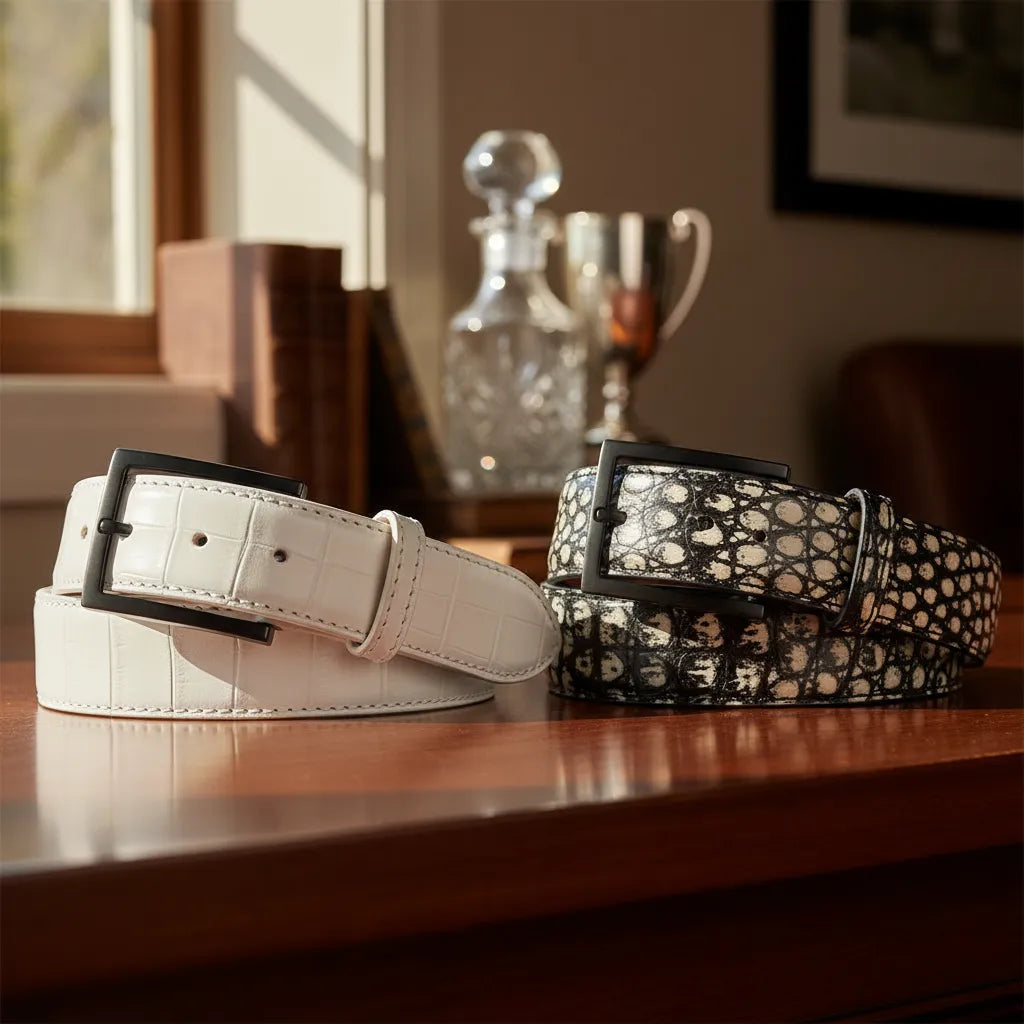 Alligator vs caiman belt comparison for golf showing white alligator leather belt beside black and white caiman leather belt