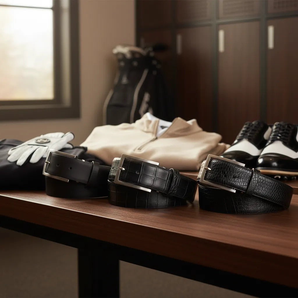 Black golf belt hero image showing premium black leather golf belts styled with luxury golf apparel