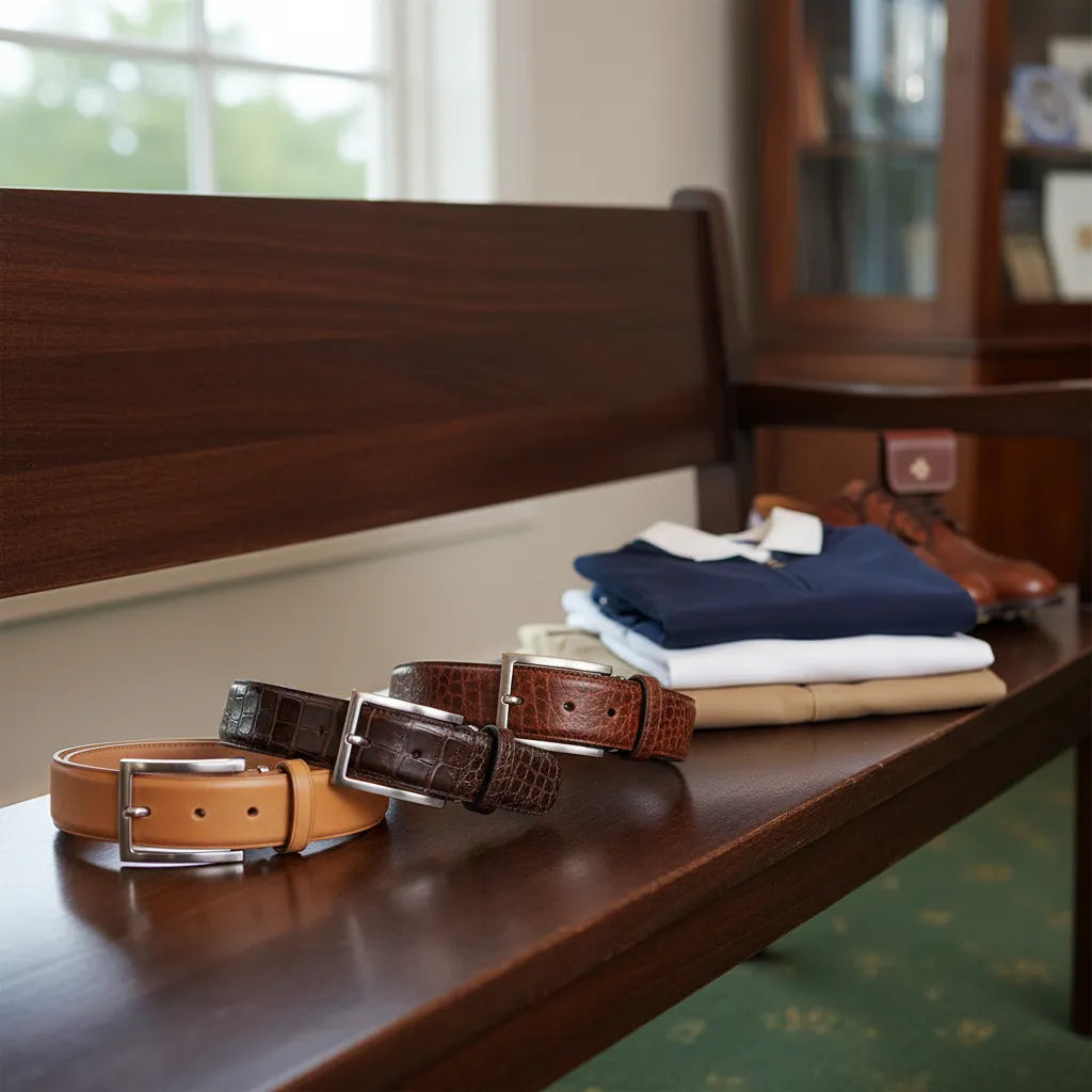 brown golf belt style guide featuring premium leather belts in light, dark, and textured brown tones