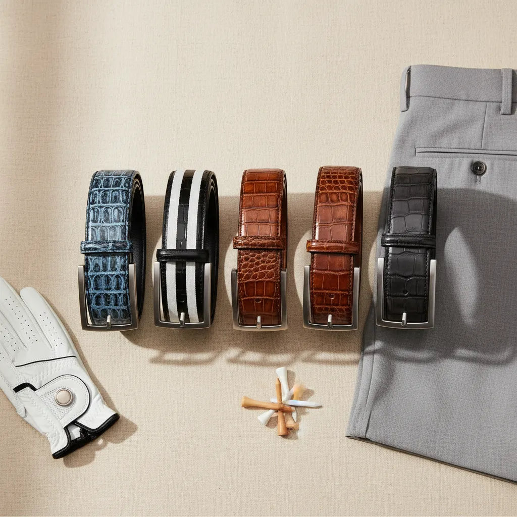 Caiman golf belt collection in blue, black and white, cognac, and dark grey styled with premium golf accessories