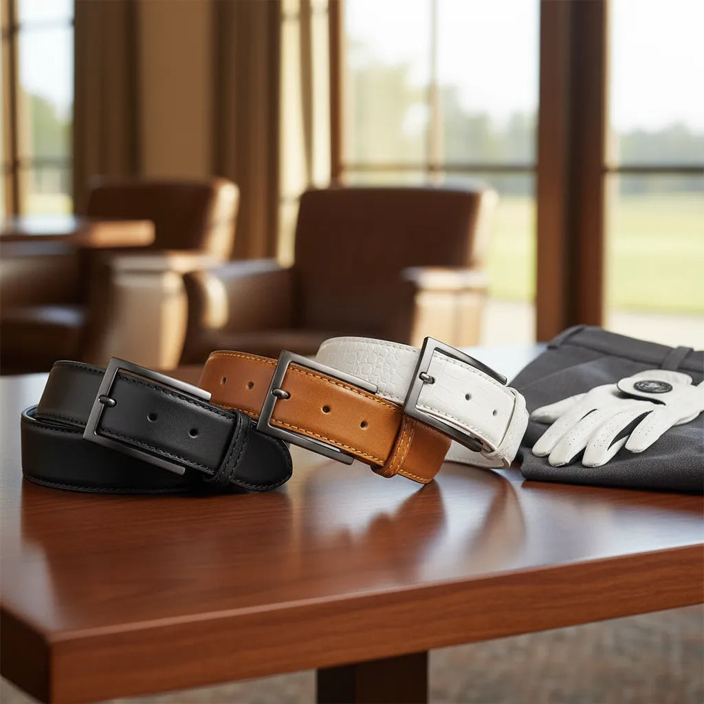 Calfskin golf belt buyer guide hero image featuring black tan and white premium leather golf belts styled with refined golf apparel