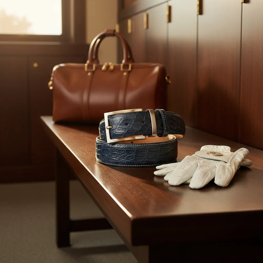 Calfskin golf belt for sale in smooth white full grain leather with brass buckle styled in a luxury golf setting