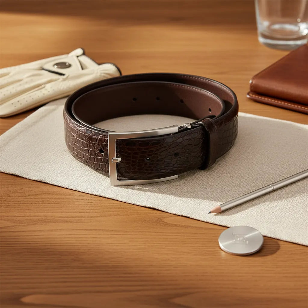Premium editorial hero image of a genuine crocodile golf belt with luxury golf accessories