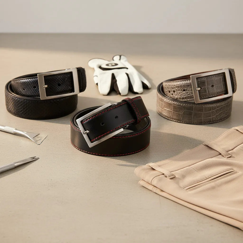 Premium golf belt gift selection featuring black calfskin, exotic snake leather, and grey crocodile leather belts styled for a luxury golfer present
