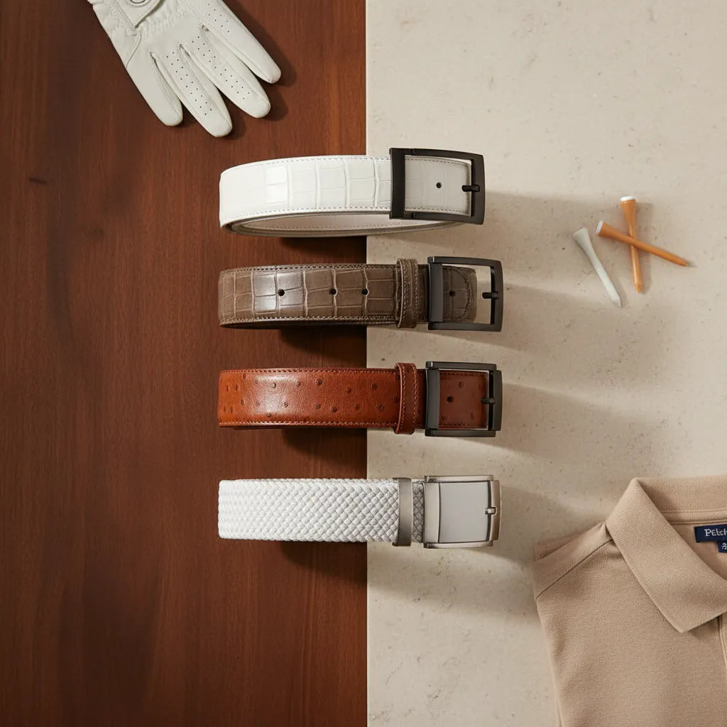 Golf belts on sale featuring premium leather and woven stretch golf belts styled in a luxury comparison layout