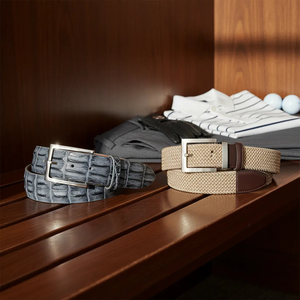 Leather vs woven golf belt comparison featuring premium leather and woven golf belts in a luxury clubhouse setting