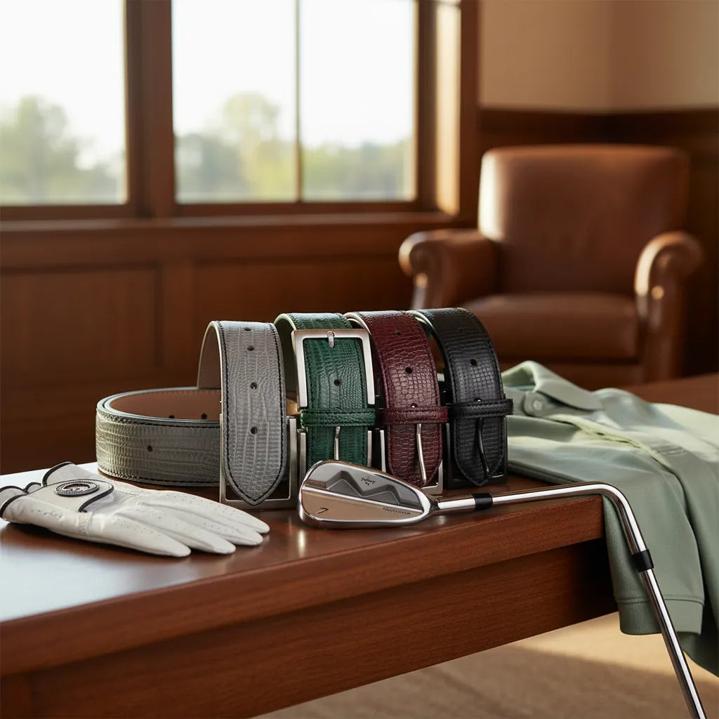 Luxury lizard golf belt collection in grey green burgundy and black displayed with premium golf accessories