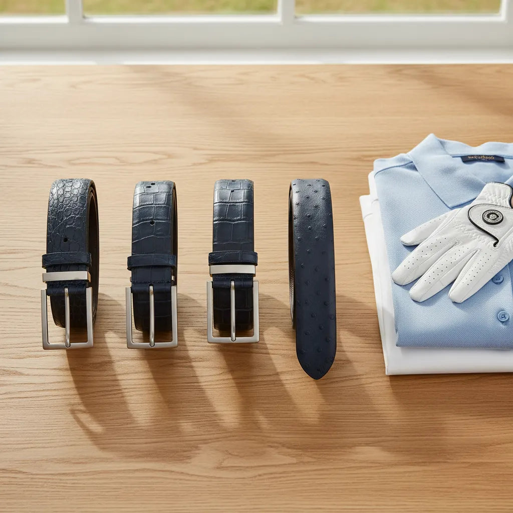 Premium navy golf belt style guide hero image featuring navy leather golf belts with refined golf apparel accessories