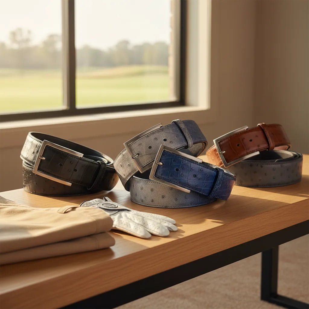 Premium ostrich golf belt collection showing quill texture and luxury leather finishes in a golf clubhouse setting
